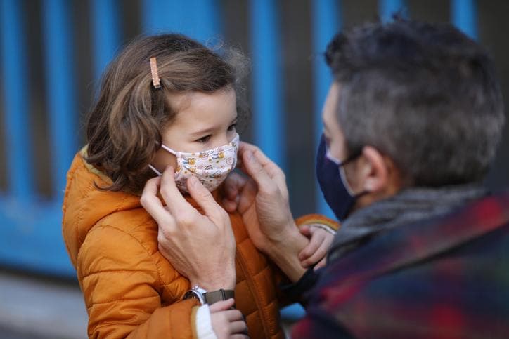 Father helping with child's face mask