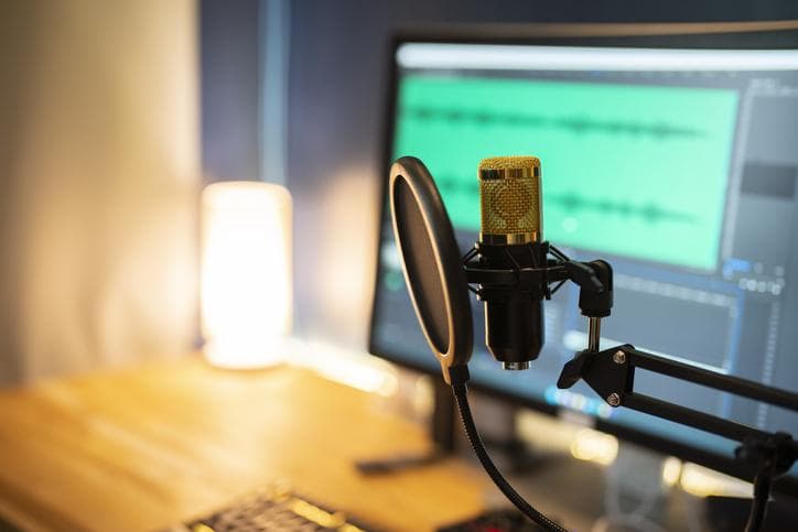 Microphone on the background of the computer monitor. 