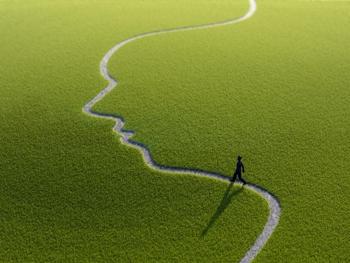 Person walking along outline of face in field