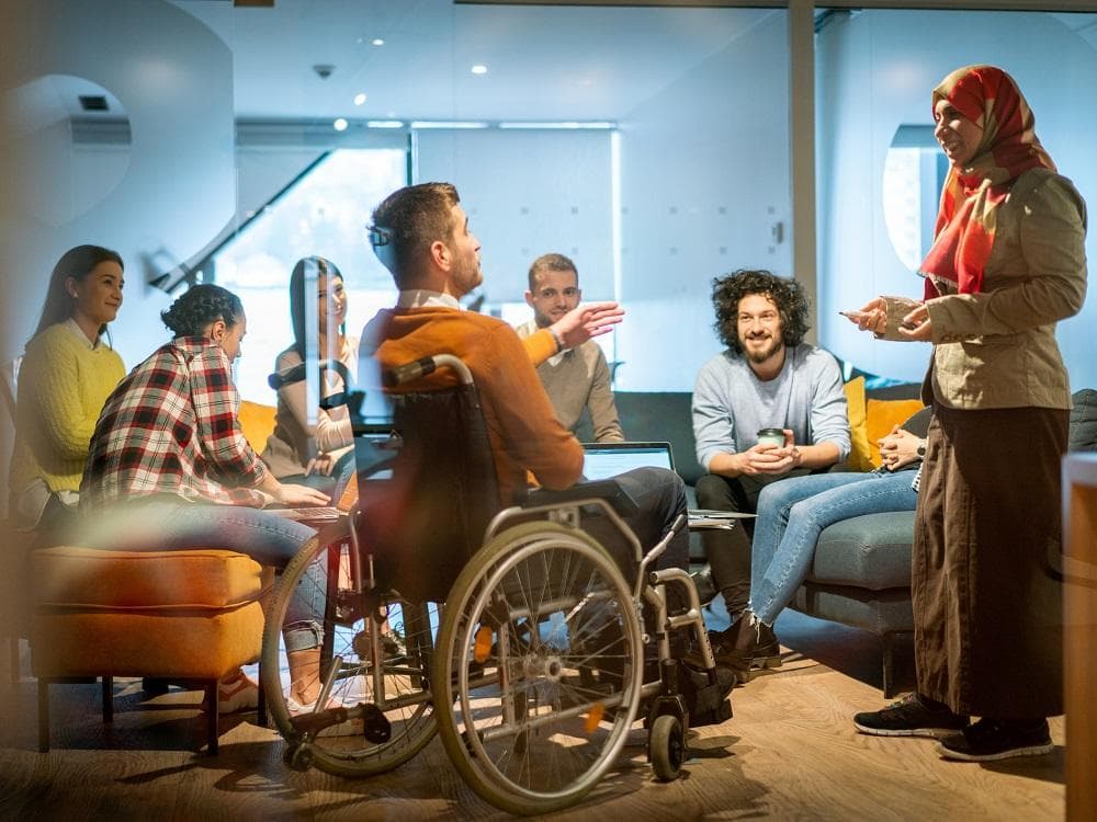 Diverse group of people having a discussion