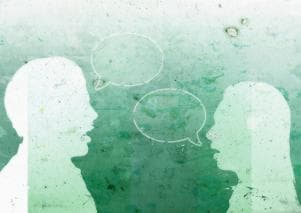 Two people facing each other with speech bubbles