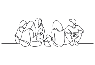 Line drawing of a group of friends sat talking