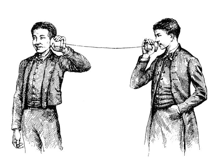 Old drawing of two people using cans and string to communicate