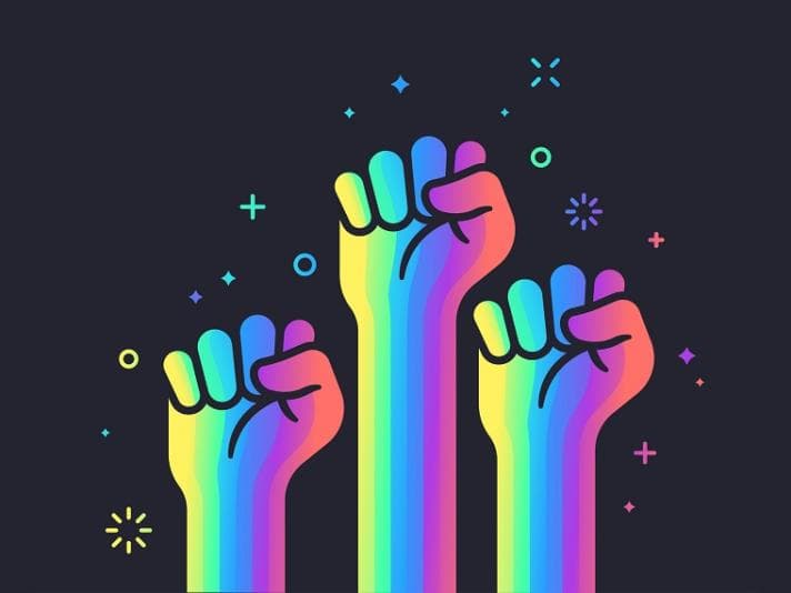 Rainbow coloured fists raised up