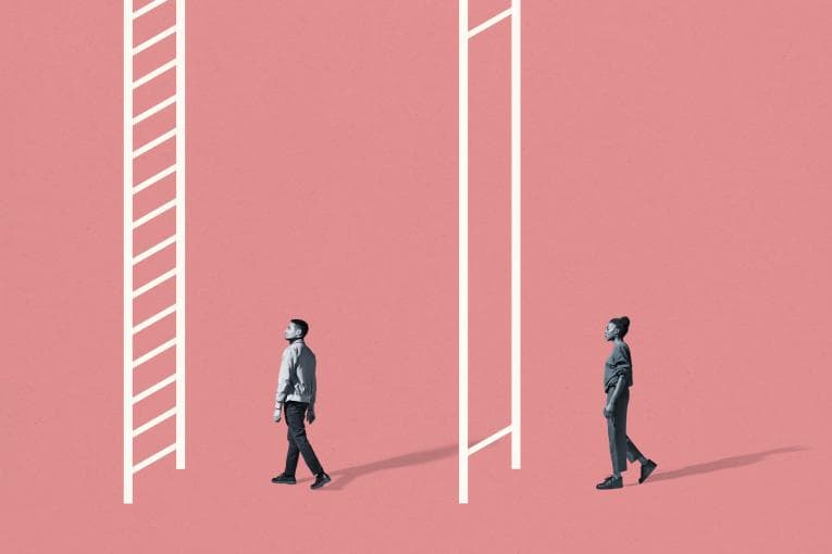 Graphic of two people approaching ladders, one with rungs, one without