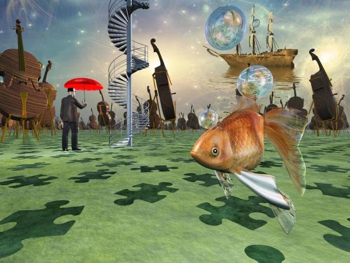 Chaotic artwork showing a fish, man with red umbrella, cellos and jigsaw pieces underwater