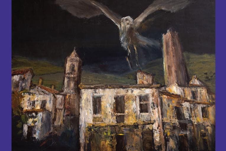 artwork of a bird above city