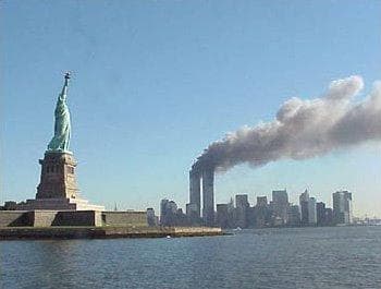 The Twin Towers falling in the 9/11 terror attack