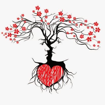 Illusion of heart with tree branches and faces