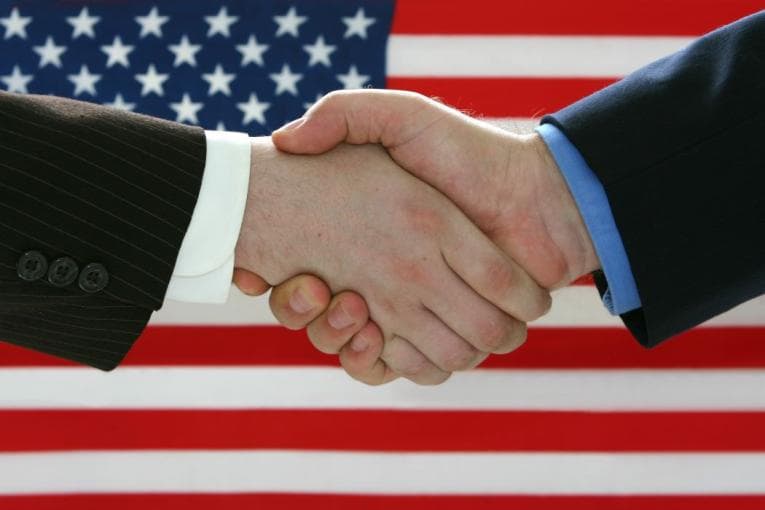 Political opponents shaking hands