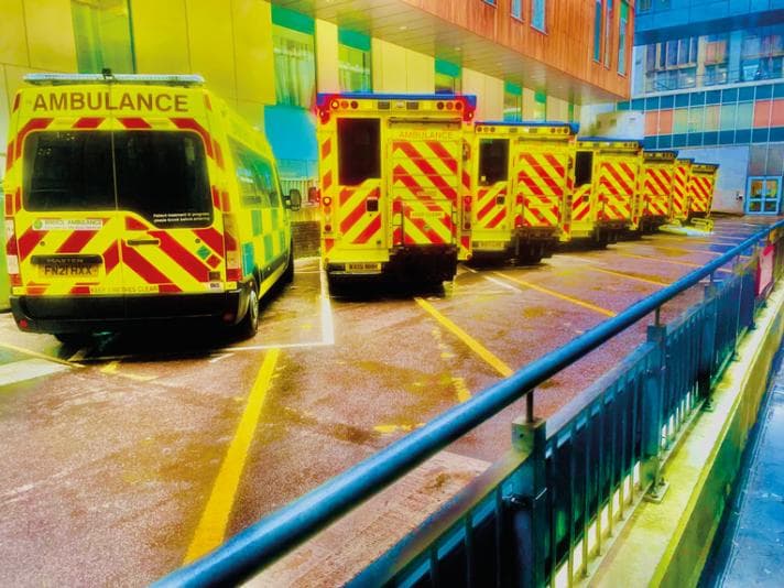 Several parked ambulances