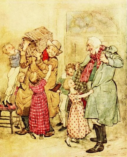 Victorian picture of adults giving excited children presents