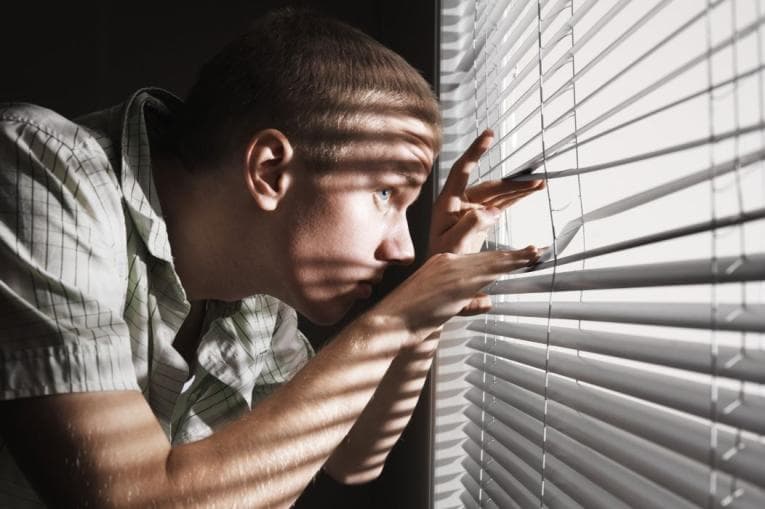 Person peering through window blinds. 